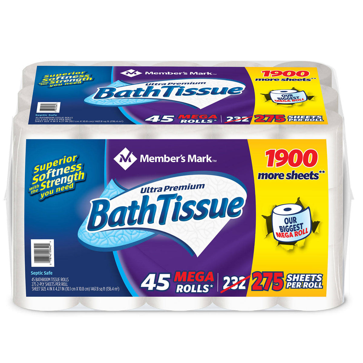 Member's Mark Ultra Premium Bath Tissue 2 Ply Mega Roll 275 Sheets 45 Rolls