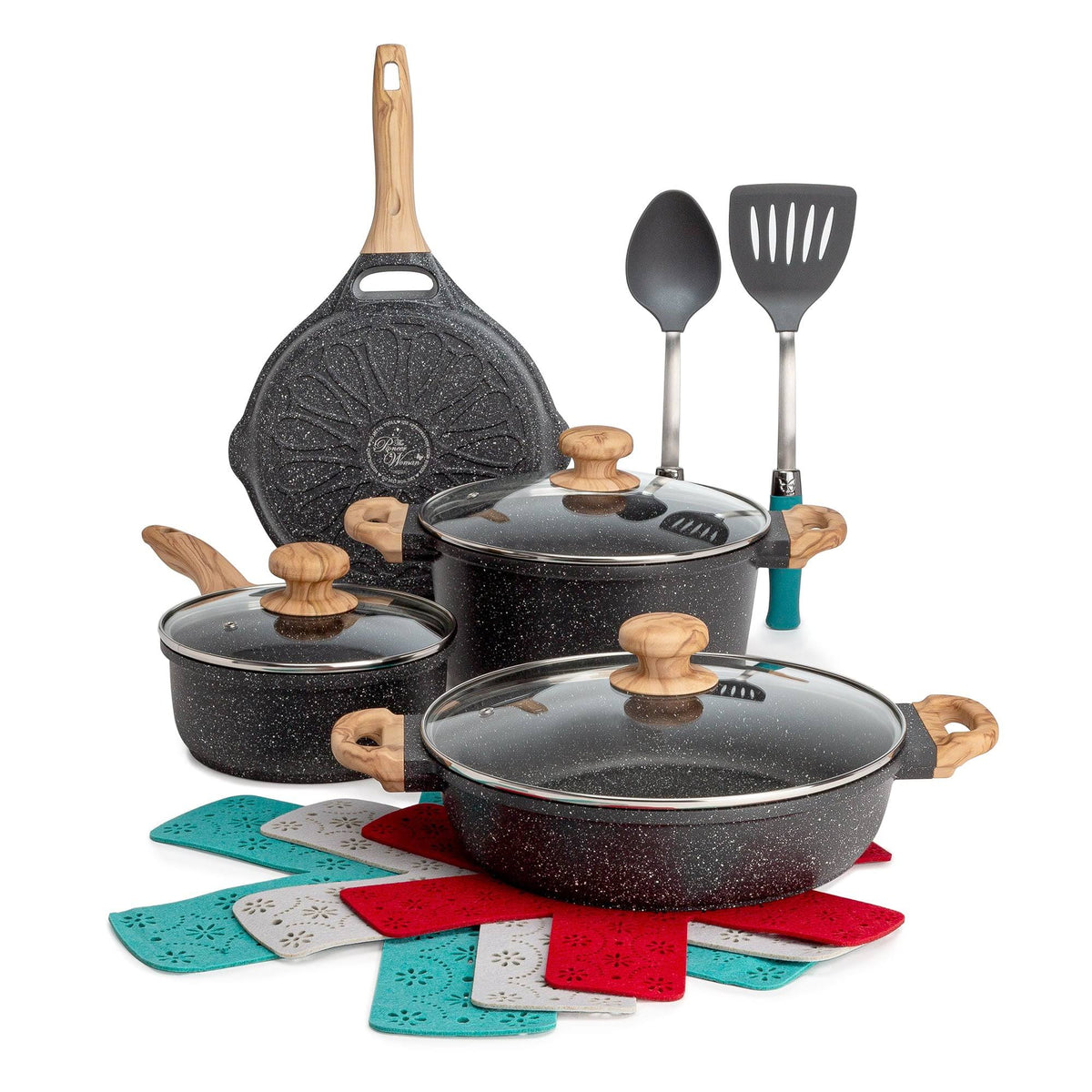 The Pioneer Woman Prairie Signature 12 - Piece Cast Aluminum Cookware Set, Charcoal Speckle