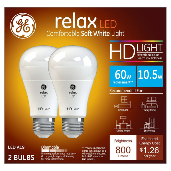 GE Relax HD Dimmable LED Light Bulb, Soft White - 2 pack