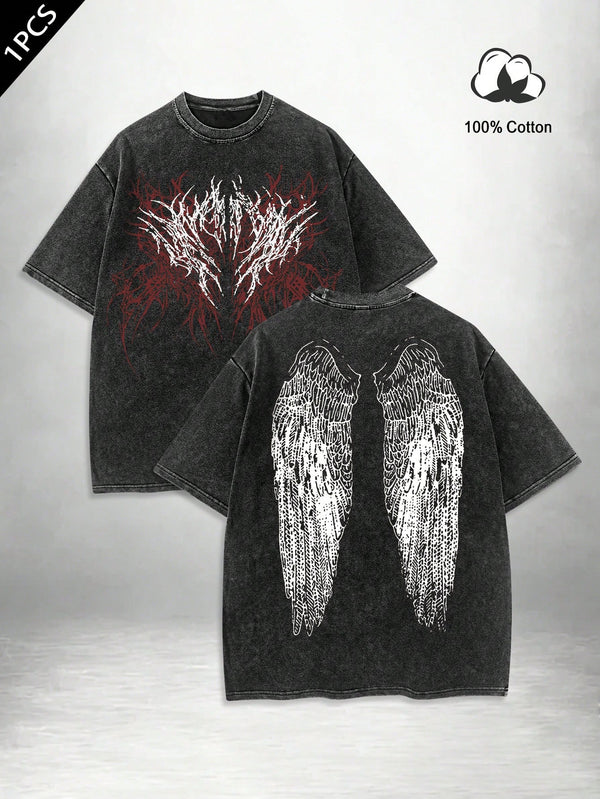 Manfinity EMRG Men's Angel Wings & Skull Graphic Print 100% Cotton Crew Neck T-Shirt,Dark Grey,Summer,Casual,Streetwear,City Break,Oversized Gothic Grunge Clothes