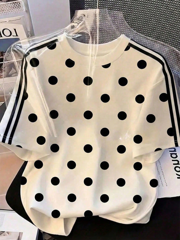 Striped & Polka Dot Classic Contrast Color Office , Women's Casual Round Neck Short Sleeve Minimalist T-Shirt Summer