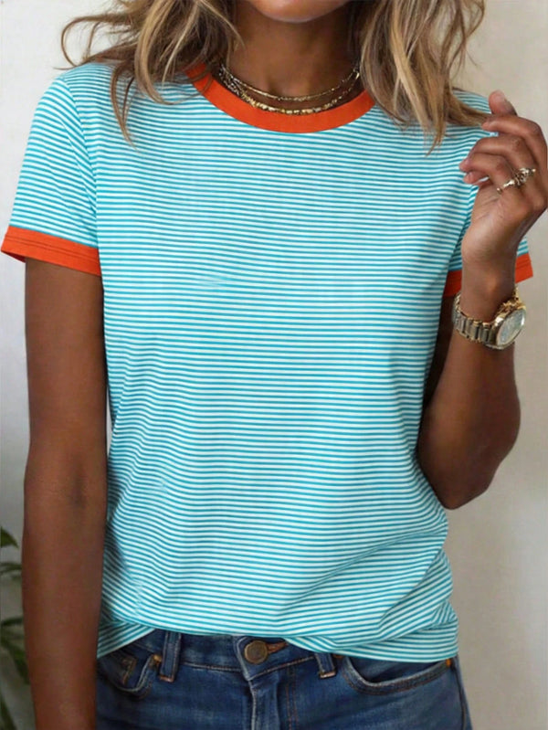EMERY ROSE Women's Contrast Color Stripe Print Round Neck Short Sleeve T-Shirt