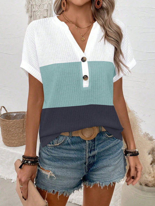 SHEIN LUNE Women's Casual Vacation Colorblock Waffle Fabric Notched Neck Half-Button Batwing Short Sleeve Loose T-Shirt