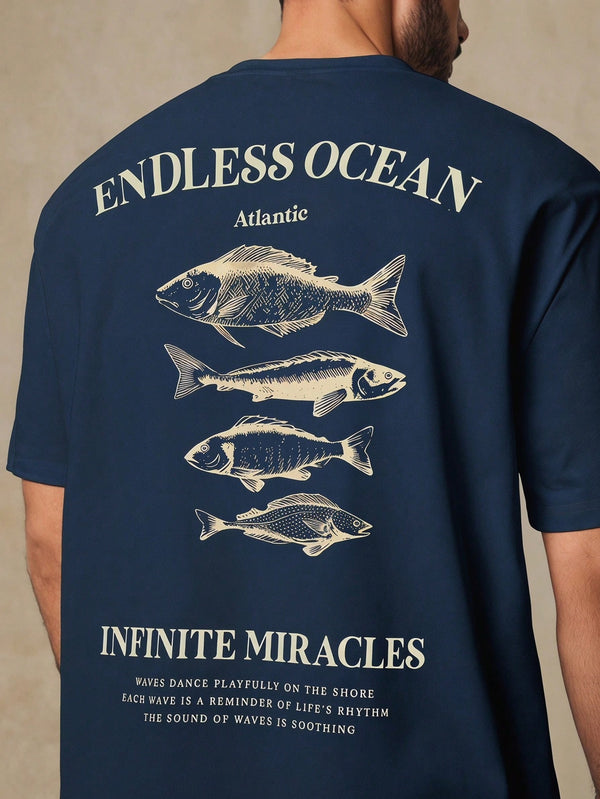 HIMLAND Men's Casual Round Neck Short Sleeve T-Shirt With Fish & Letter Print On Back, Vacation, Father's Day Gifts