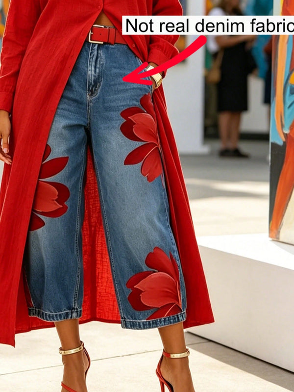 Women's Casual Soft Imitation Denim Printed Straight Leg Pants Without Waistband, Non Real Denim Fabric