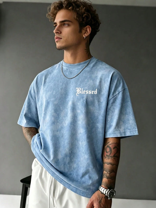 GRDR Men's Retro American Style Minimalist Letter Washed Round Neck Short Sleeve T-Shirt, Comfortable & Breathable For Summer