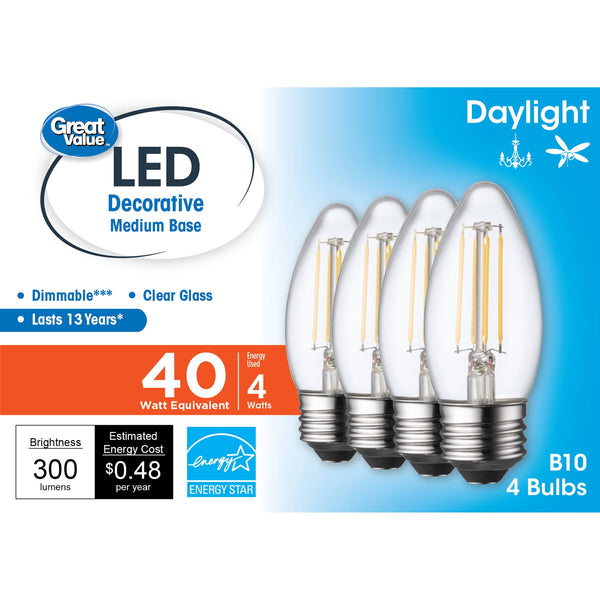 Great Value LED Light Bulb, 4 Watts (40w Equivalent) B10 Deco Lamp E26 Medium Base, Dimmable, Daylight, 4 - Pack