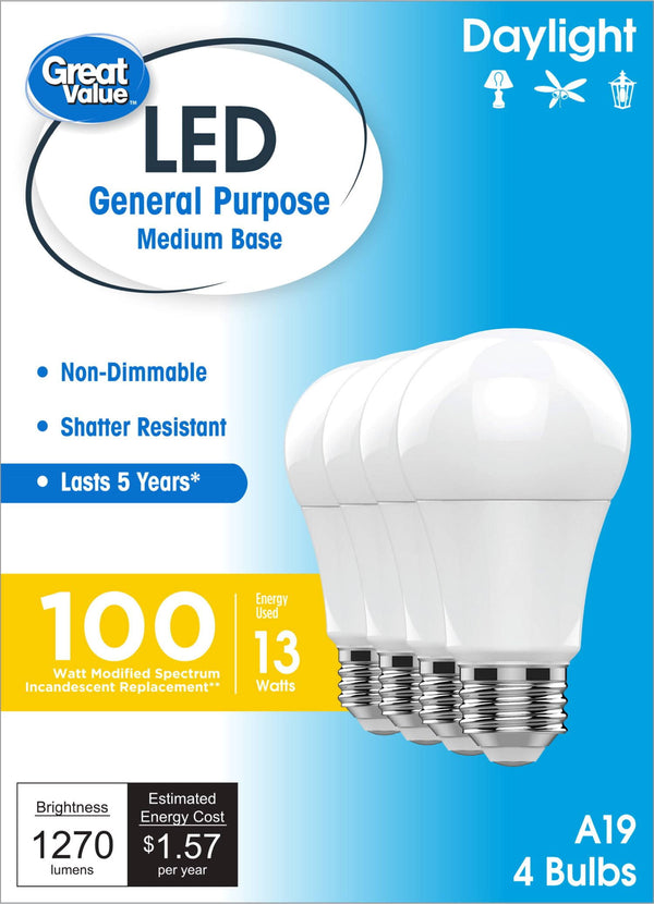Great Value LED Light Bulbs, 100 Watts Eqv, Daylight, A19 General Purpose Light Bulbs, 5YR, 4pk 93131092