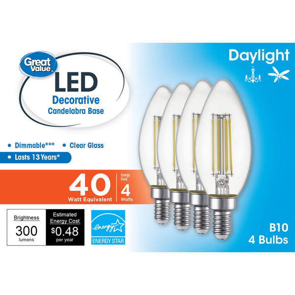 Great Value LED Light Bulb, 4 Watts (40w Equivalent) B10 Deco Lamp E12 Candelabra Base, Dimmable, Daylight, 4 - Pack