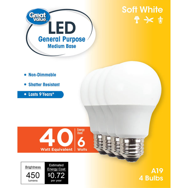 Great Value LED Light Bulb, 6W (40w Equivalent) A19 General Purpose Lamp E26 Medium Base, Non - Dimmable, Soft White, 4 - Pack