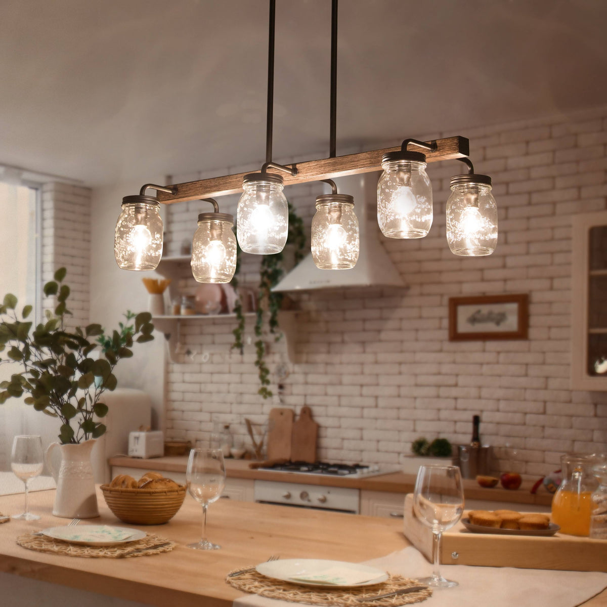 Modern Farmhouse 6 - Light Chandelier Glass Bar Kitchen Island Lights - L27.5 inch x W11 inchx H 71.5 inch, Size: L27.5 x W11x H 71.5, Brown