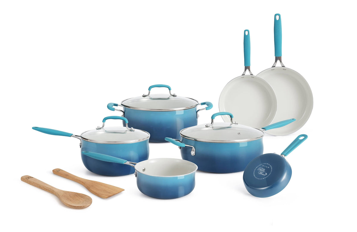 The Pioneer Woman 12 - Pieces Porcelain Enamel Classic Ceramic Cookware Set, Ombre Teal, Size: 12pc