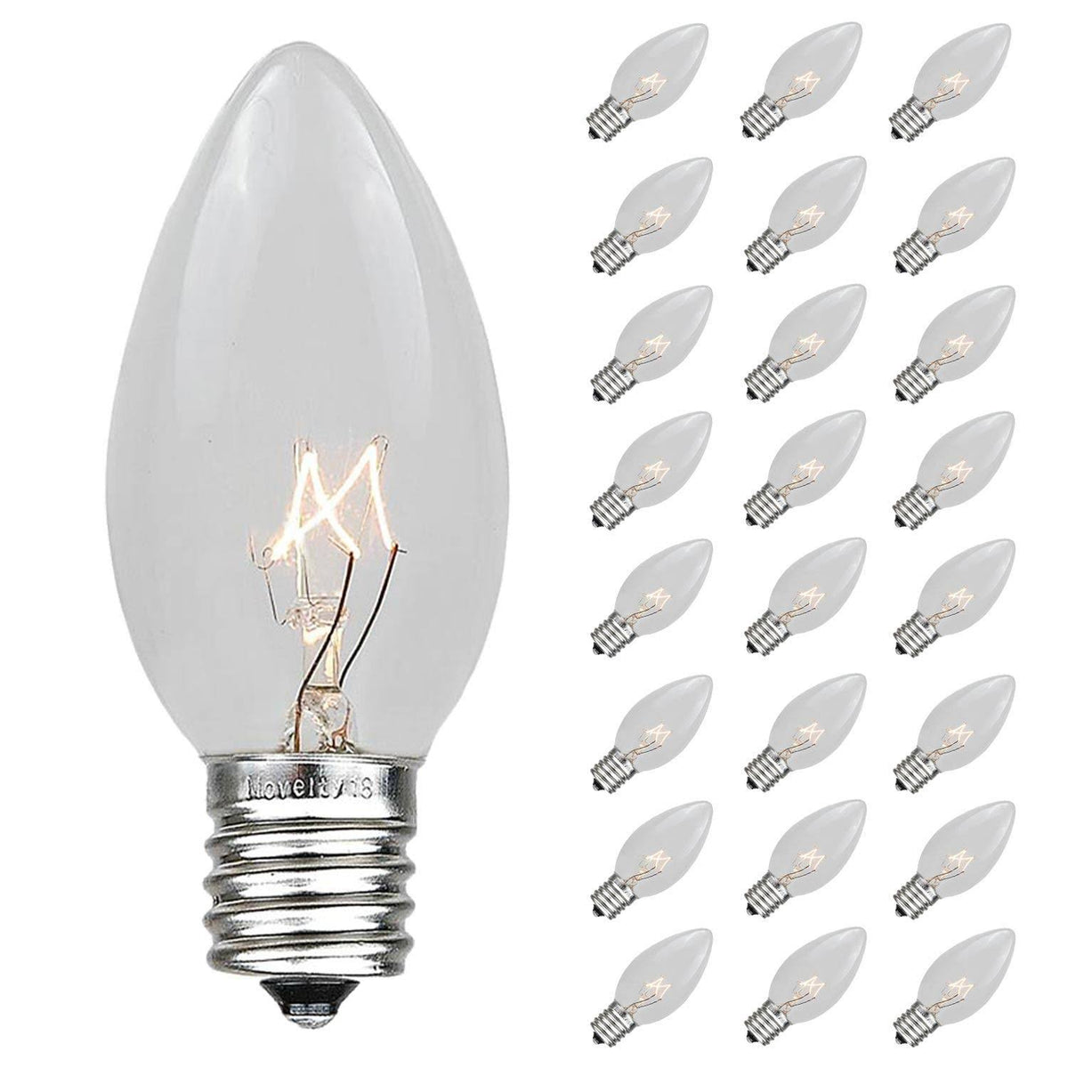 Novelty Lights 25 Pack C9 Outdoor Christmas Replacement Bulbs, Clear, E17/c9 Base, 7 Watt