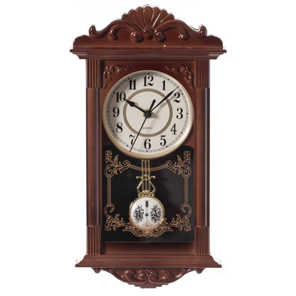 Clockswise Vintage Grandfather Wood - Looking Plastic Pendulum Wall Clock for Living Room, Kitchen, or Dining Room, Brown