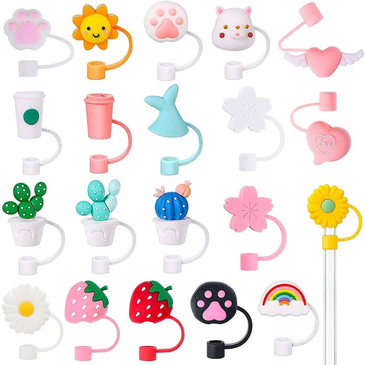 YEEFINE 20 Pieces Silicone Straw Tips Cover Reusable Cute Straw Toppers Drinking Tips Lids for 6 - 8 mm Straws Plugs(Not Include Straw) Style1