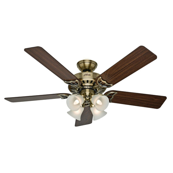 Hunter Studio Series 52" Ceiling Fan with 4 - Light Kit - Antique Brass - Walnut/Medium Oak Blades