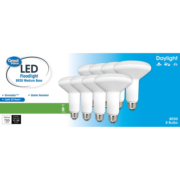 Great Value LED Light Bulb, 8W (65w Equivalent) BR30 Floodlight Lamp E26 Medium Base, Dimmable, Daylight, 8 - Pack