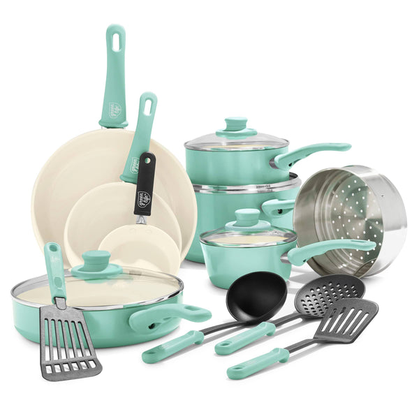 GreenLife Soft Grip 16 Piece Ceramic Non - Stick Cookware Set Turquoise