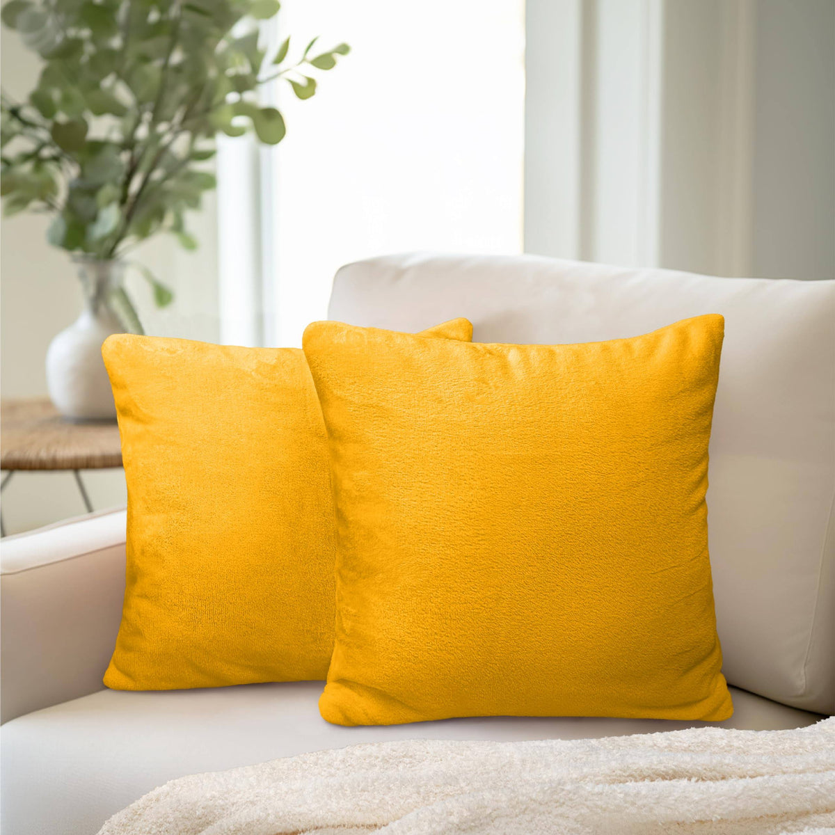 PAVILIA Decorative Throw Pillow Covers Set of 2 18x18 Solid Mustard Yellow - Square Pillow Case Sofa Couch Bed Bedroom Living Room - Fleece Velvet