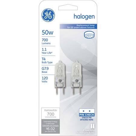 GE Halogen 50 - Watt T4 Light Bulbs, G8 2 Pin Base, 1 - Year Life, 2pk