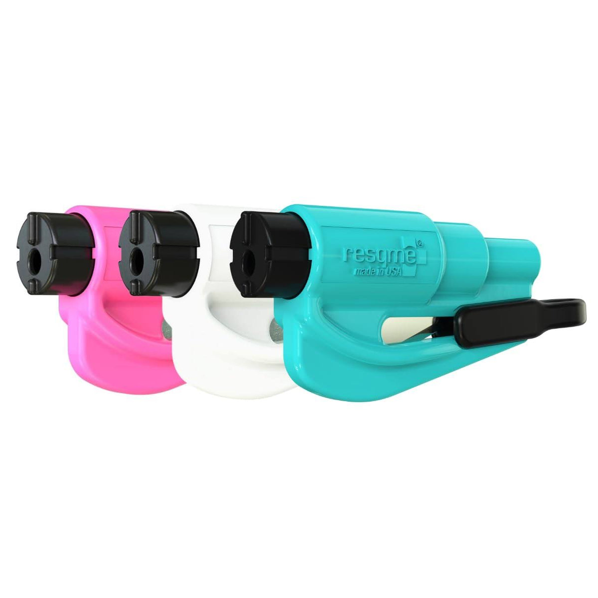 Resqme Family Pack of 3 The Original Emergency Keychain Car Escape Tool, 2 - in - 1 Seatbelt Cutter and Window Breaker, Made in USA, Pink, White, Teal