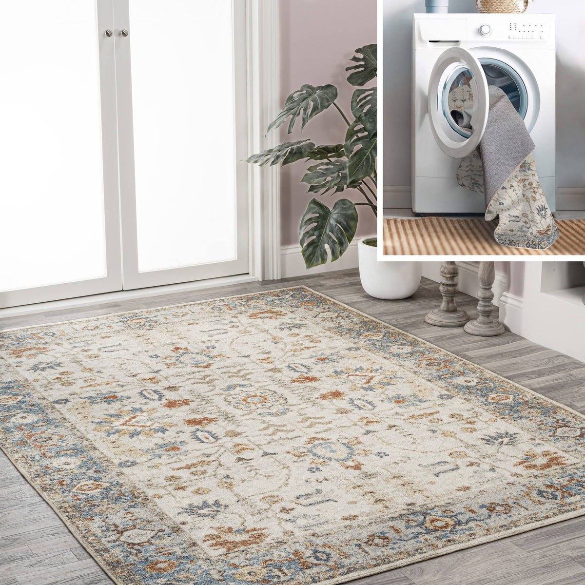 Jonathan Y Hiero Persian Border Low - Pile Machine - Washable CREAM/TERRA 4 ft. x 6 ft. Area Rug