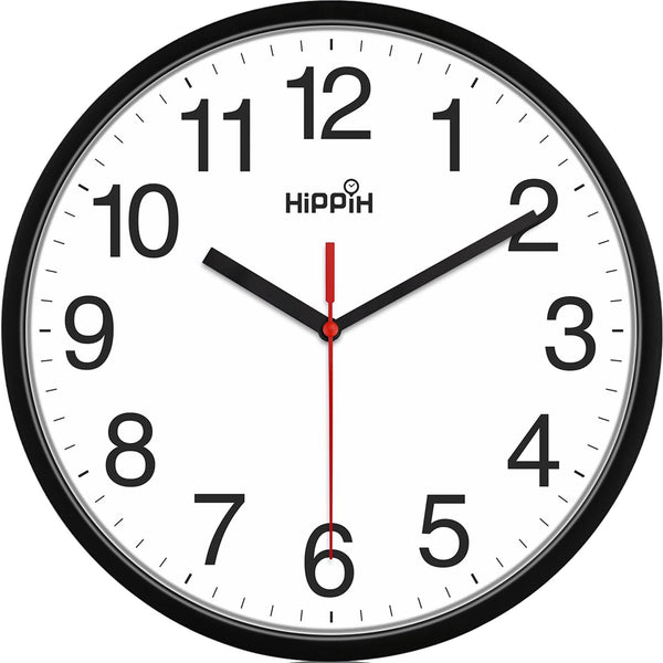 Hippih Black Wall Clock Silent Non Ticking Quality Quartz 10 inch Round Easy to Read for Home Office School Clock Red Second Hand