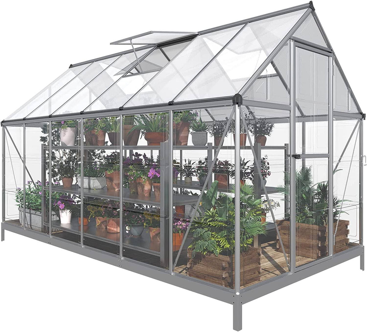 Papajet 6x12 ft Hybrid Polycarbonate Greenhouse with Lockable Hinged Door 2 Vent Window Walk - In Hobby Greenhouse Aluminum Hot House for Outdoor