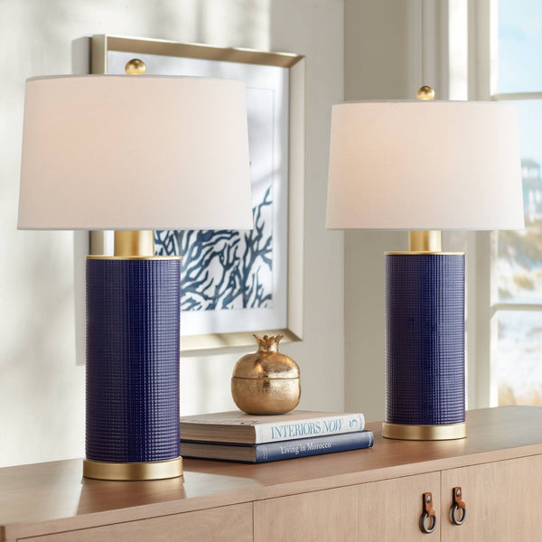360 Lighting Gilson 24 1/2" High Modern Coastal Glam Table Lamps Set of 2 Gold Textured Blue Finish Ceramic White Shade Living Room Bedroom Bedside