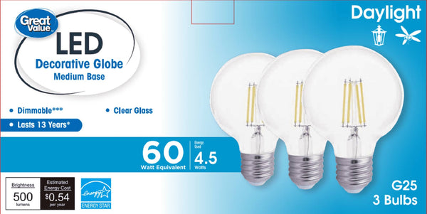 Great Value Deco LED G25 Light Bulb 60W Eqv. Dayight, E26 Base, 3 Pack