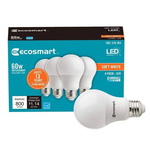 Ecosmart 60W Equivalent Soft White A19 Energy Star and Dimmable LED Light Bulb (4 - Pack)