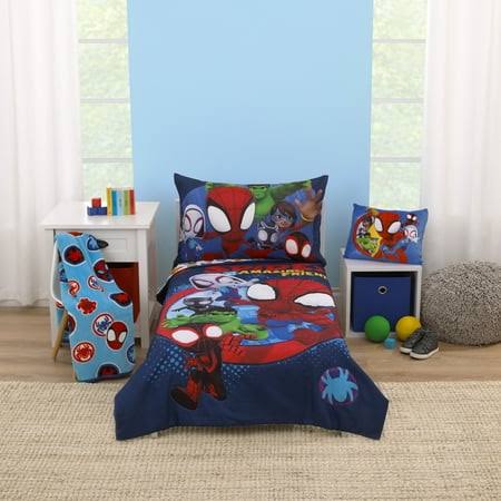 Marvel Spidey Let's Swing Blue 3 - Pc Toddler Bedding, Comforter, Sheet, Pillowcase, Toddler Boy