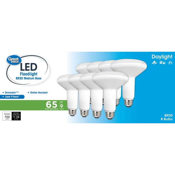 Great Value LED Light Bulb, 9 Watts (65w Eqv.) BR30 Floodlight Lamp E26 Base, Dimmable, Daylight, 8 - Pack