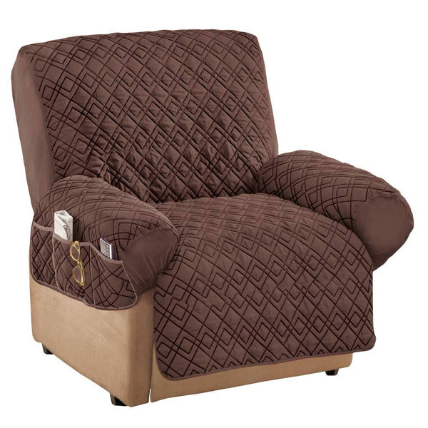 Collections Etc Diamond - Shape Quilted Stretch Recliner Cover with Storage Pockets and Elastic Straps - Furniture Protector, Chocolate, Recliner
