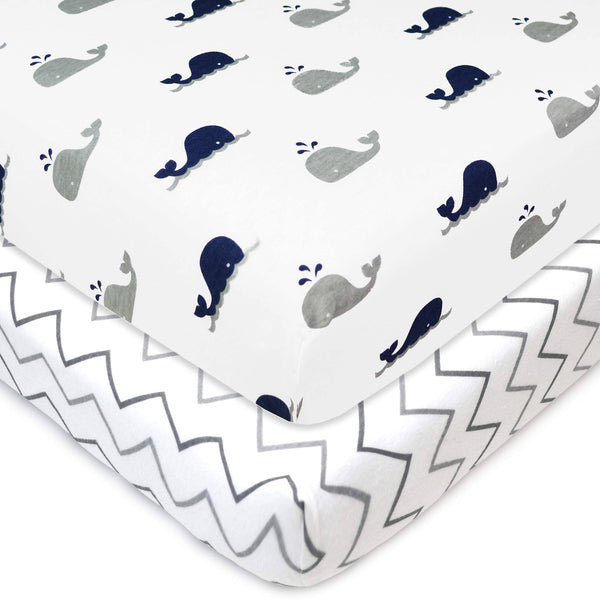 American Baby Company Printed 100% Natural Cotton Jersey Knit Fitted PortableMini - crib Sheet, Navy Whalegrey Zigzag, Soft Breath