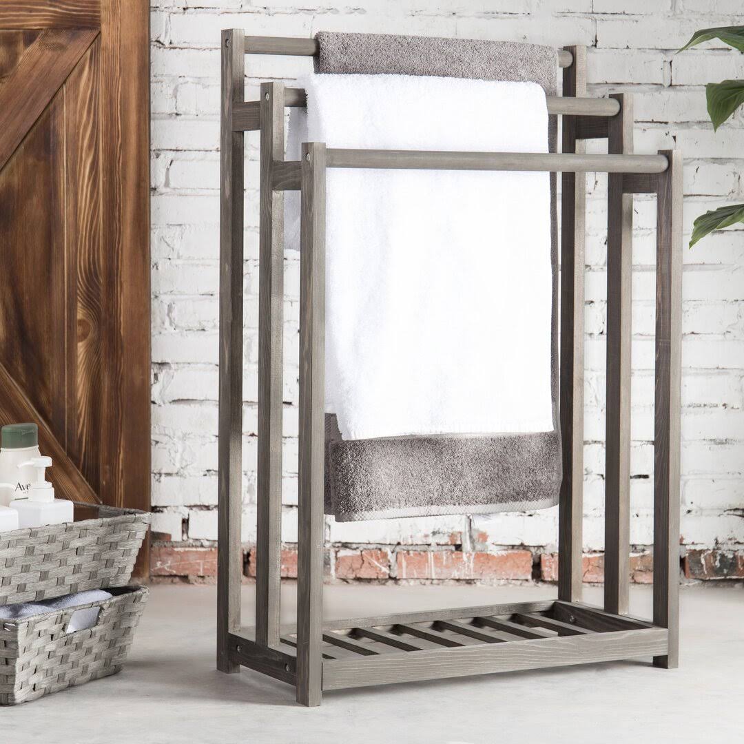 MyGift 3 - Bar Wood Gray Towel and Quilt Rack Stand for Kitchen and Bathroom with Bottom Shelf