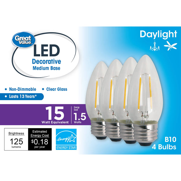 Great Value LED Light Bulb, 1.5W (15w Equivalent) B10 Deco Lamp E26 Medium Base, Non - Dimmable, Daylight, 4 - Pack, Size: 4 Bulbs