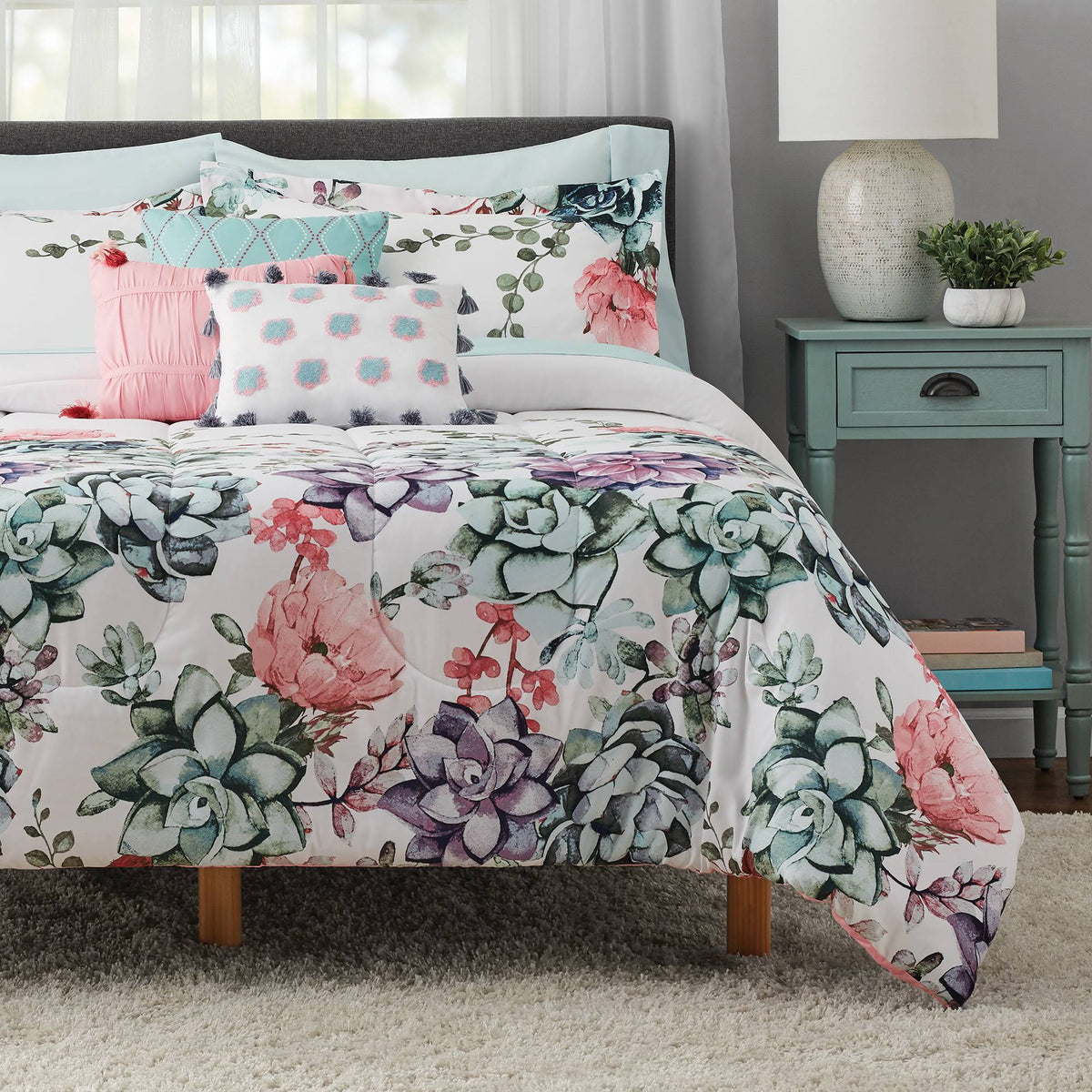 Mainstays Jade Floral 10 - Piece Bed in A Bag Bedding Set with Bonus Sheet Set + Pillows Queen