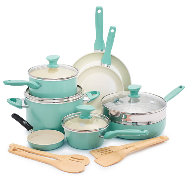 GreenPan Rio Ceramic Nonstick 16 - Piece Cookware Set, Turquoise