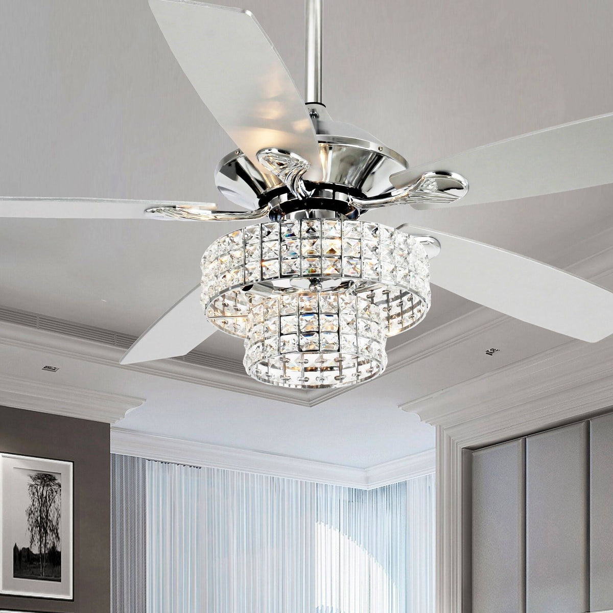 Parrot Uncle 52 - Inch Modern 4 - Light Dual Crystal Shade Ceiling Fan with Remote Matte Black 52 - in N/A Matte
