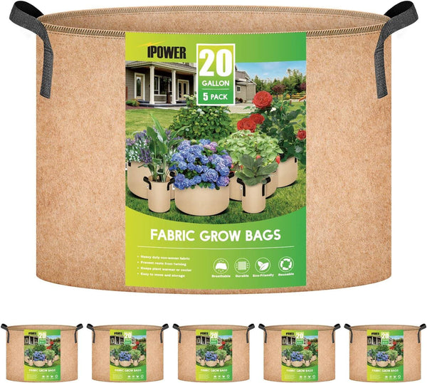 IPower 20 - Gallon 5 - Pack Grow Bags Fabric Aeration Pots Container with Strap Handles for Nursery Garden and Planting(Tan)