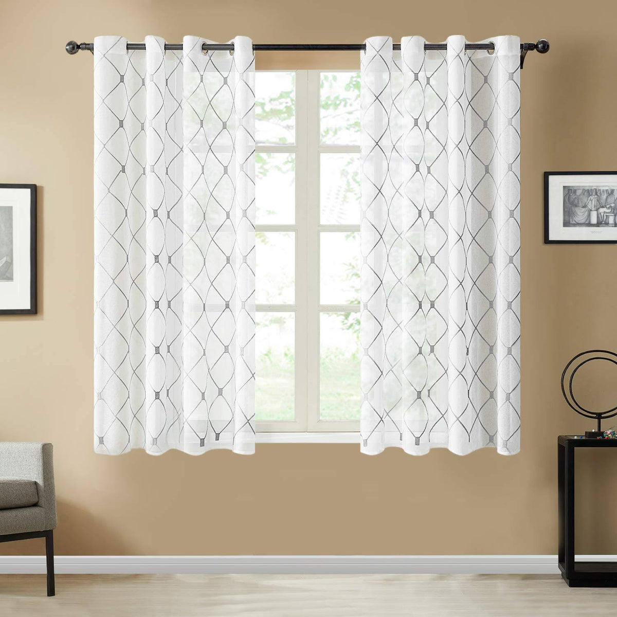 Top Finel Short Sheer Curtains 45 inch Length for Bathroom, Privacy White and Gray Embroidered Diamond Grommet Window Treatments Curtains for Living