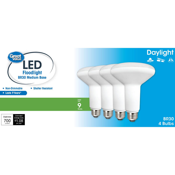 Great Value LED Light Bulb, 9W (65w Equivalent) BR30 Floodlight Lamp E26 Medium Base, Non - Dimmable, Daylight, 4 - Pack