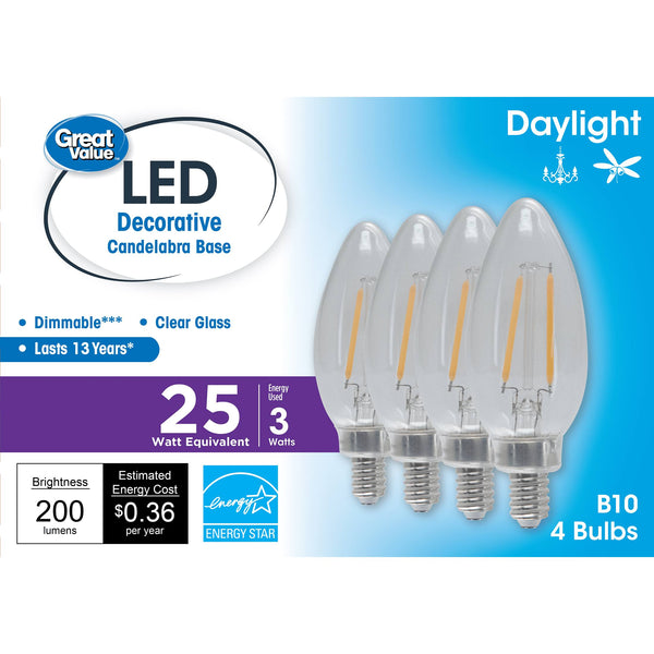 Great Value LED Light Bulb, 3W (25w Equivalent) B10 Deco Lamp E12 Candelabra Base, Dimmable, Daylight, 4 - Pack