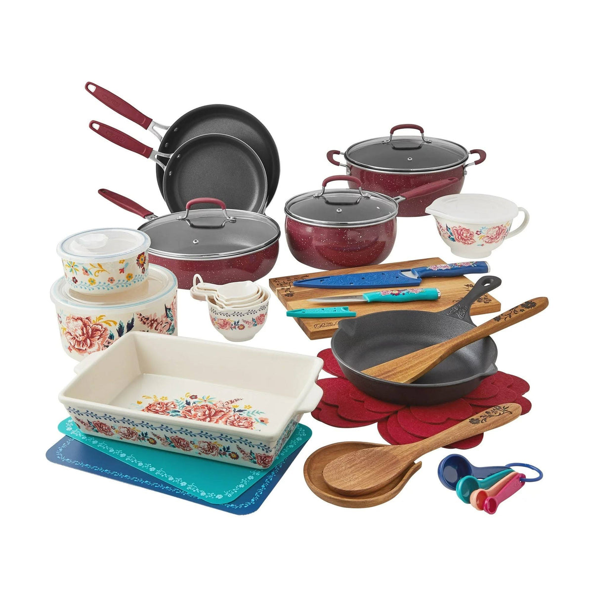 The Pioneer Woman PW43007796140CF Keepsake Floral 38 - Piece Cookware Set, Merlot