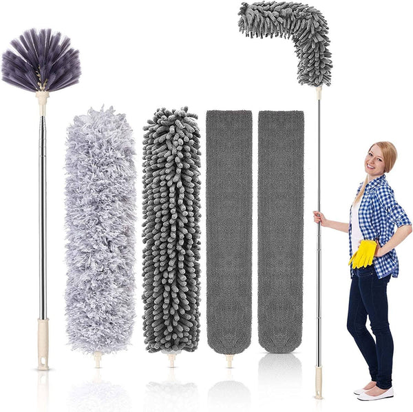 Happylost Microfiber Duster with 30 - 100 inch Extension Rod Bendable for Cleaning High Ceiling Fans, Cobwebs, Blinds, Furniture, Cars (Gray)