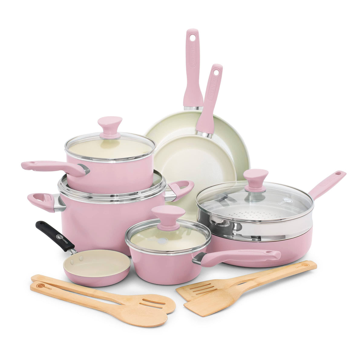 GreenPan Rio Healthy 16 - Piece Ceramic Nonstick Cookware Set, PFAS Free, Dishwasher Safe, Pink