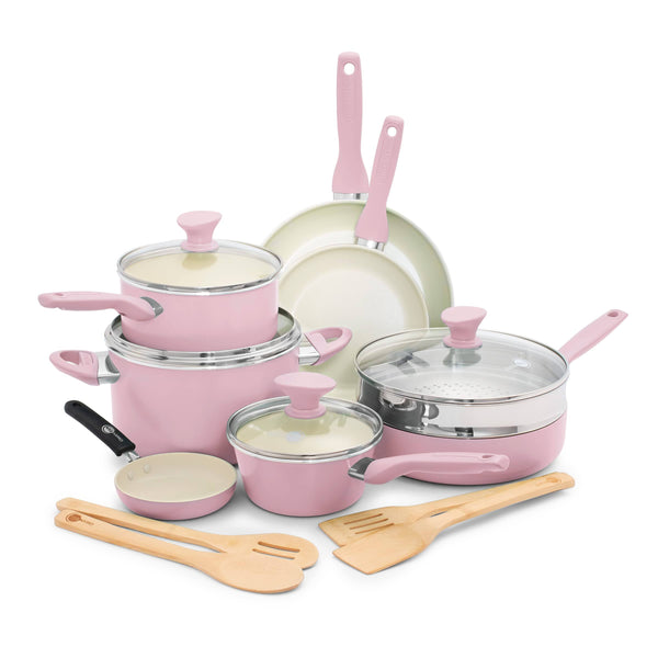 GreenPan Rio Healthy 16 - Piece Ceramic Nonstick Cookware Set, PFAS Free, Dishwasher Safe, Pink