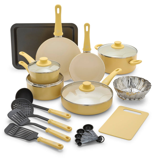 GreenLife 18 - Piece Soft Grip Toxin - Free Healthy Ceramic Non - Stick Cookware Set, Yellow, Dishwasher Safe