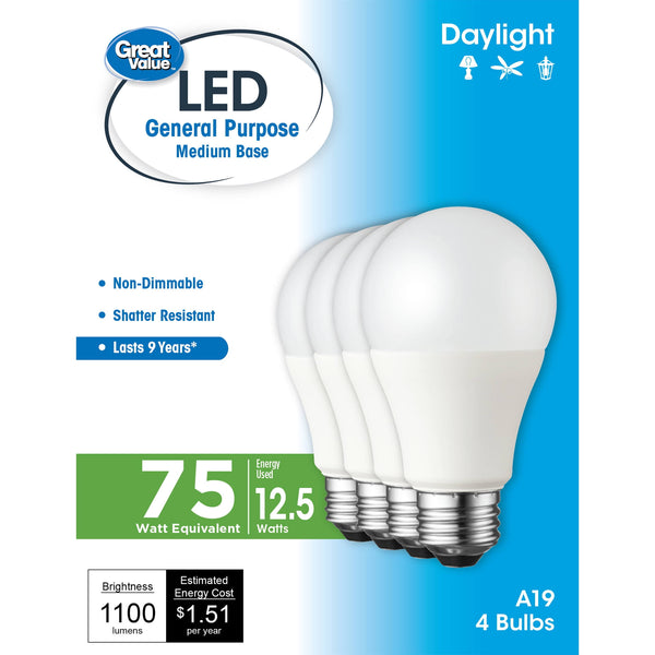 Great Value LED Light Bulb, 12.5 Watts (75W Equivalent) A19 General Purpose E26 Medium Base, Non - Dimmable, Daylight, 4 - Pack